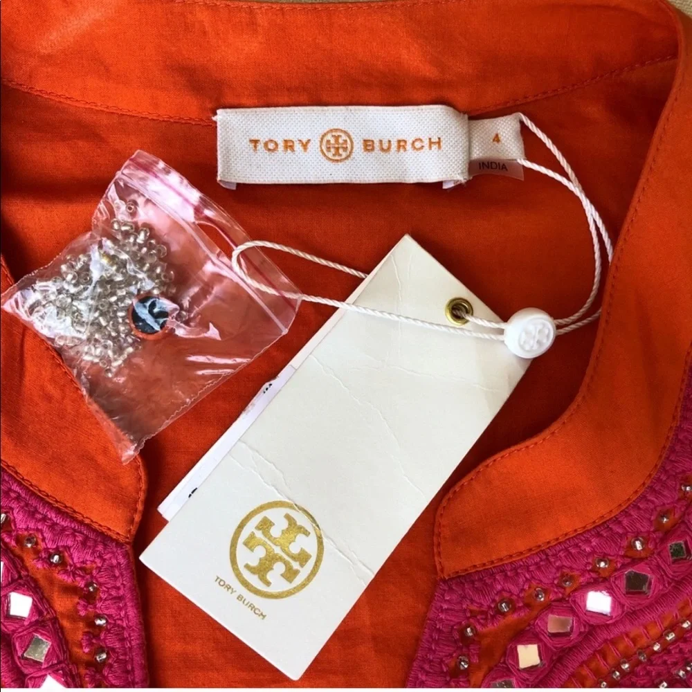 TORY BURCH boho cotton embroidered baby doll long sleeve top orange size 4